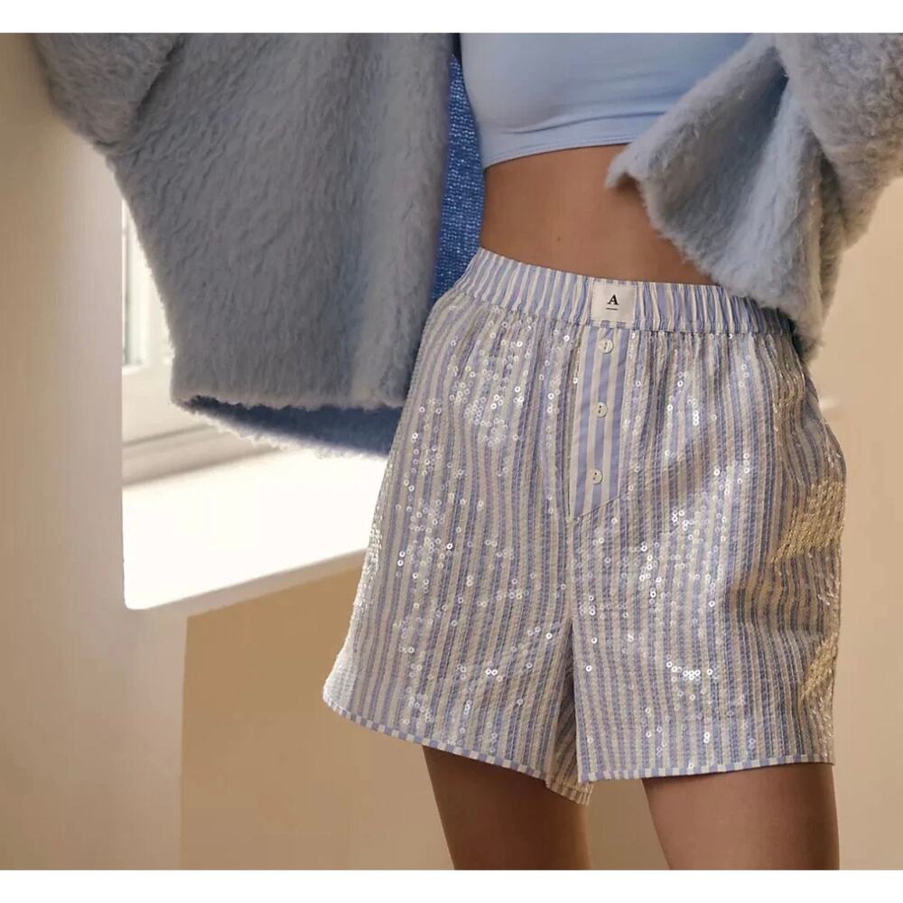 Anthropologie Sequin Stripe Boxer Shorts Blue White Size Medium